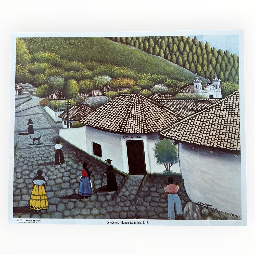 Jose Antonio Velasquez Print Village Street Casa Cural Folk Art Banco Atlantida